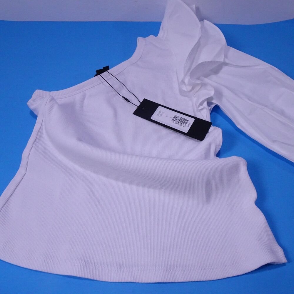 NWT Veronica Beard White One-Shoulder Ruffle Puff-Sleeve Top - Picture 6 of 7